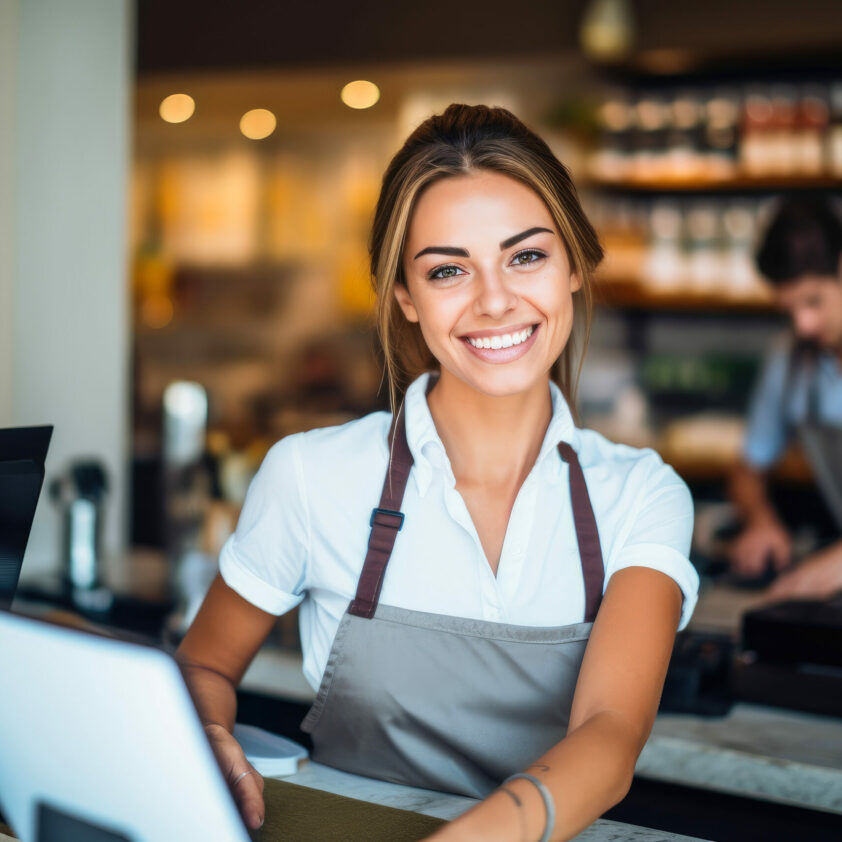 Une vendeuse en restaurant encaisse un client via un système de caisses enregistreuses Ready4Pos